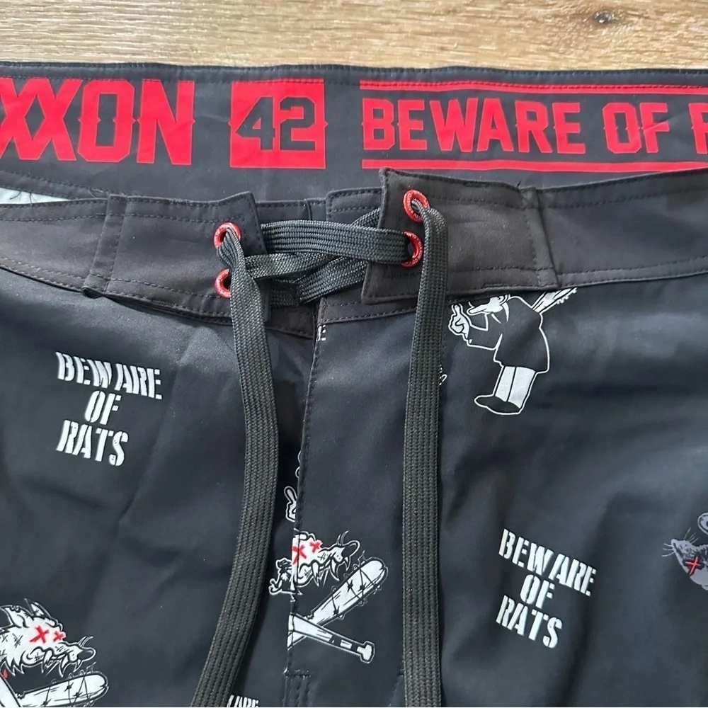 DIXXON Beware Boardshorts Men’s Red, White, & Black Lightweight Trunks Sz 42 NWO